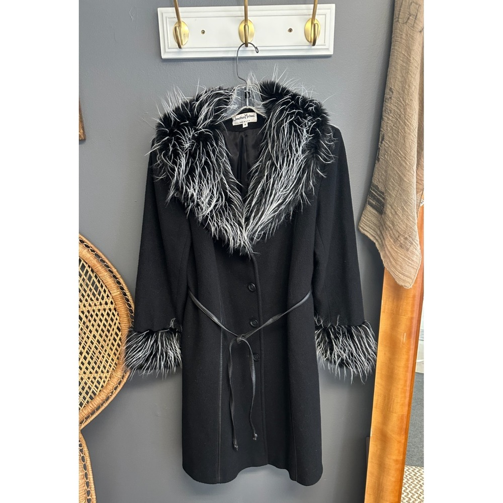VTG Jonathan Michael Black Womens Size 8 Coat Wool Faux Fur Trim Luxury Long Jkt